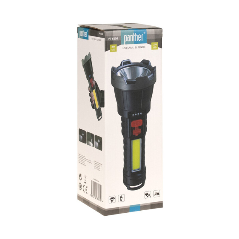 PANTHER PT-6106 USB ŞARJLI EL FENERİ - 3W LED + Yan COB LED